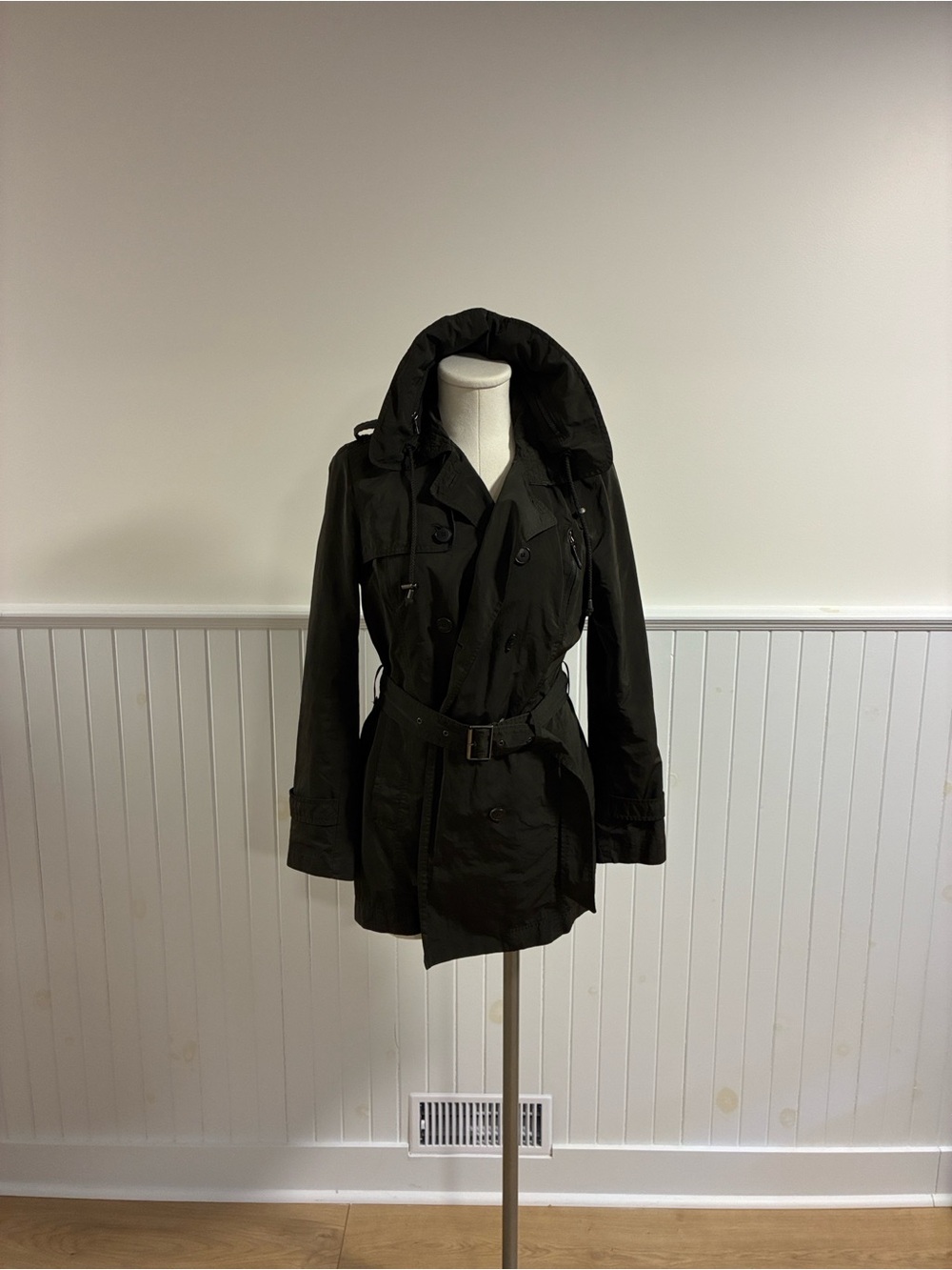 Zara Black Hooded Trench Coat with Belted Waist